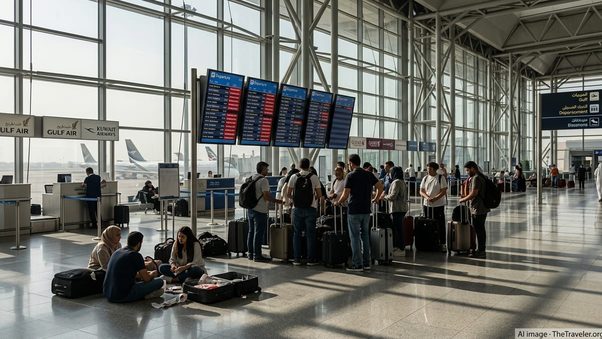 Travelers at Kuwait International Airport checking cancelled flights on departure boards.