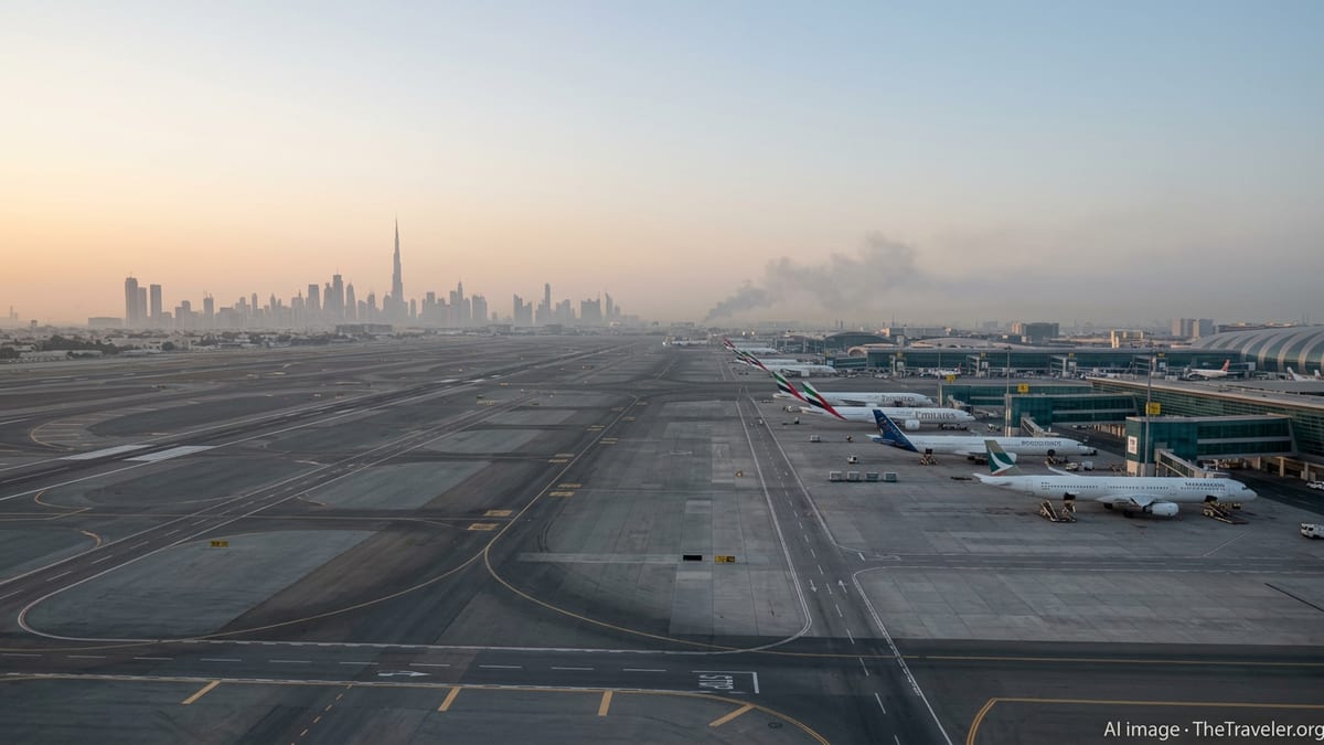 Quiet Dubai airport apron at dawn with grounded planes and faint smoke on the horizon.