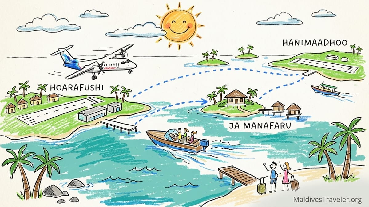 Aerial view of Hoarafushi Airport runway with a domestic plane and a speedboat heading toward a distant Maldives resort.