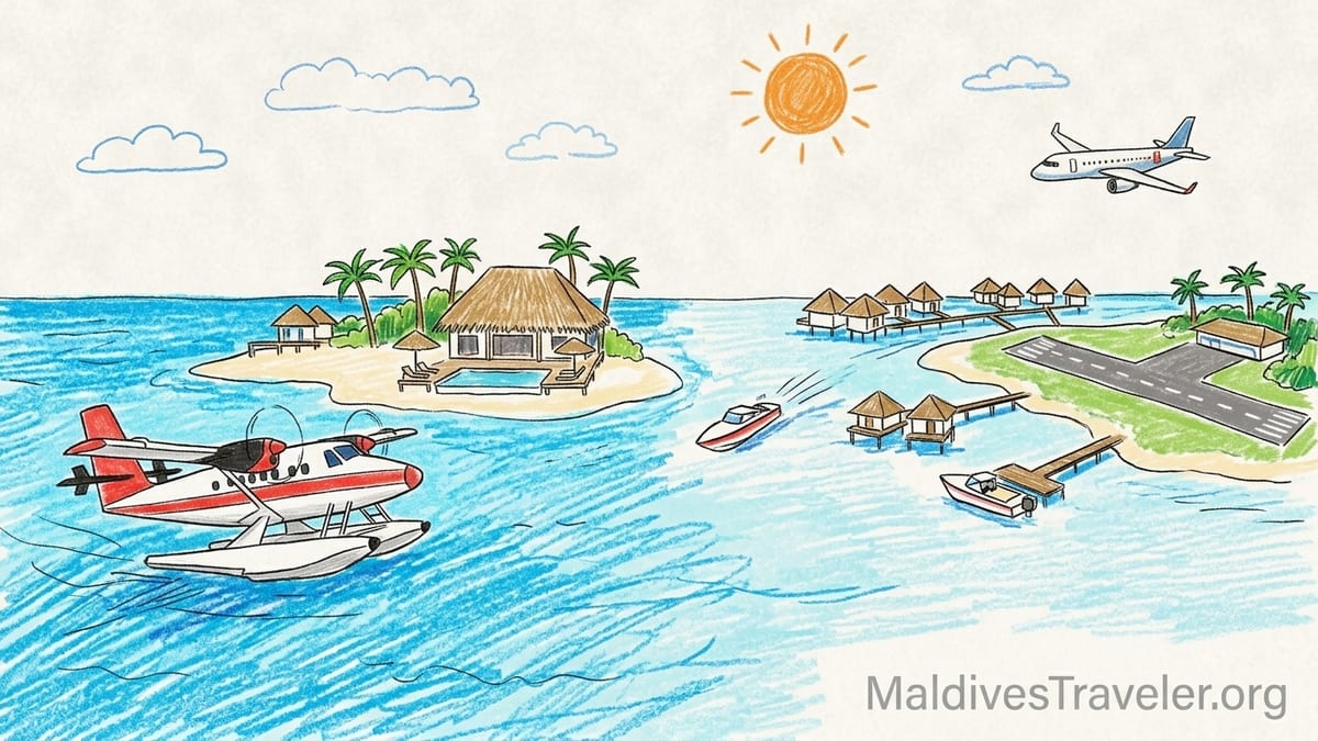 Aerial view of two Maldives resort islands in Haa Alif Atoll with overwater villas, pool villas and seaplane access at sunset