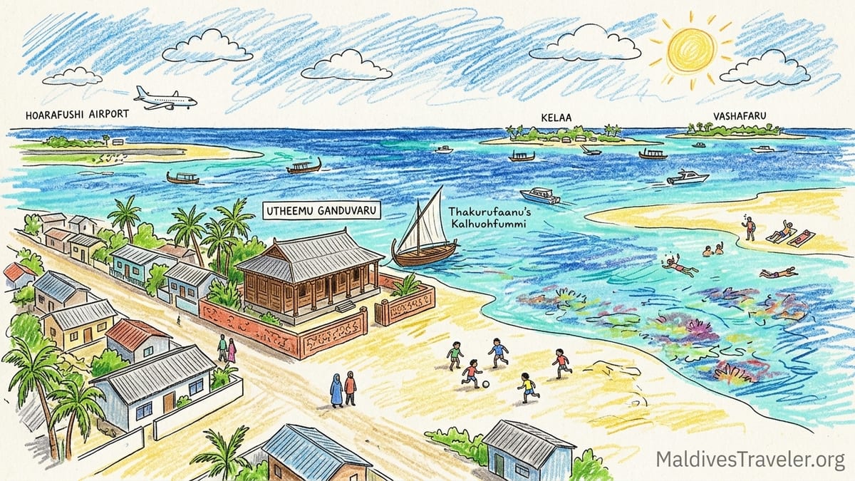 Aerial view of a Haa Alif island village beside turquoise reefs and sandbanks at sunset.