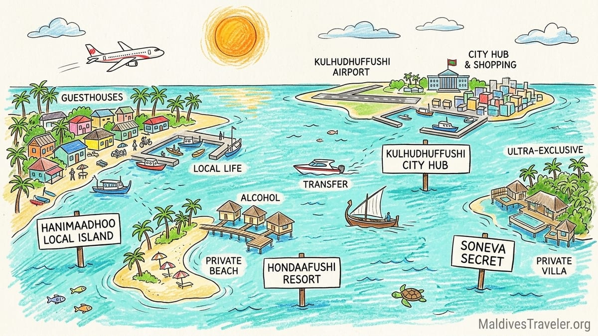 Aerial view of varied islands in Haa Dhaalu Atoll showing local village, resort island and remote overwater villas.