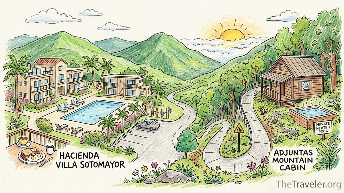 Hacienda Villa Sotomayor hotel pool contrasted with a secluded Adjuntas mountain cabin and private heated pool in the green,h