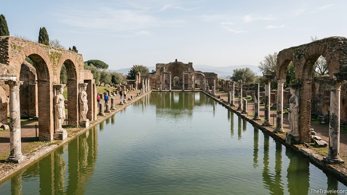 View along the Canopus pool at Hadrian’s Villa in Tivoli with ruins and statues reflected in the water.