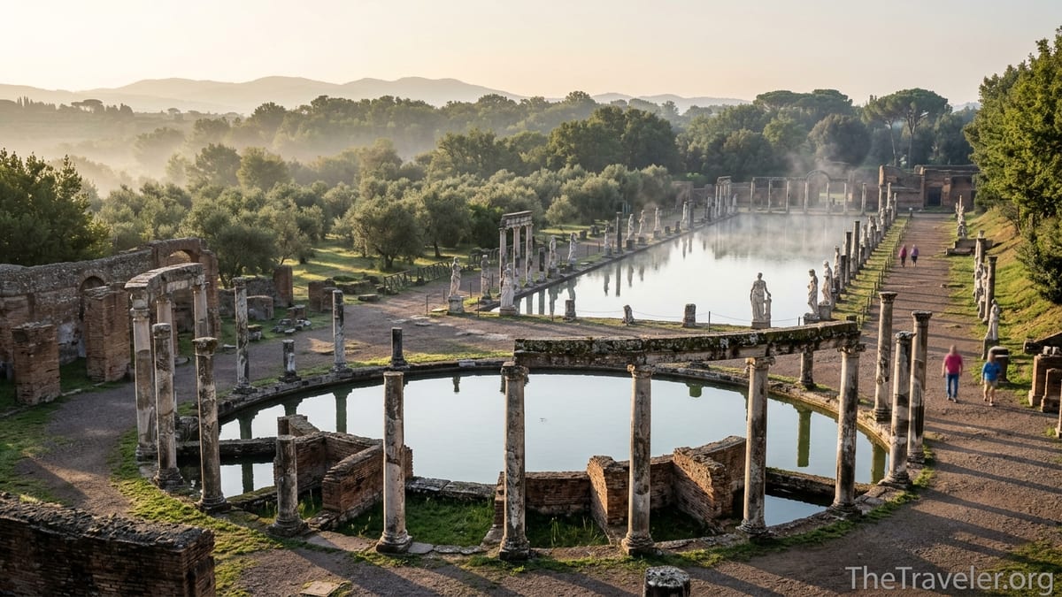 Sunrise over the ruins and pools of Hadrian’s Villa near Tivoli, Italy