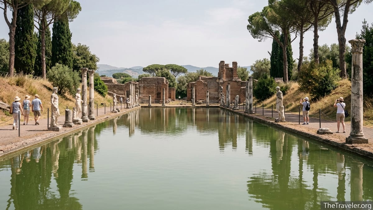View of the Canopus pool and ruins at Hadrian’s Villa with visitors walking along the path