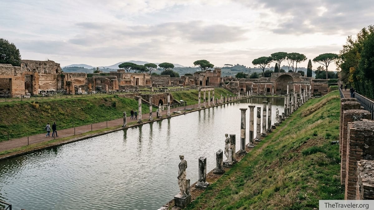 View of the Canopus pool and surrounding ruins at Hadrian’s Villa showing the site’s vast scale.