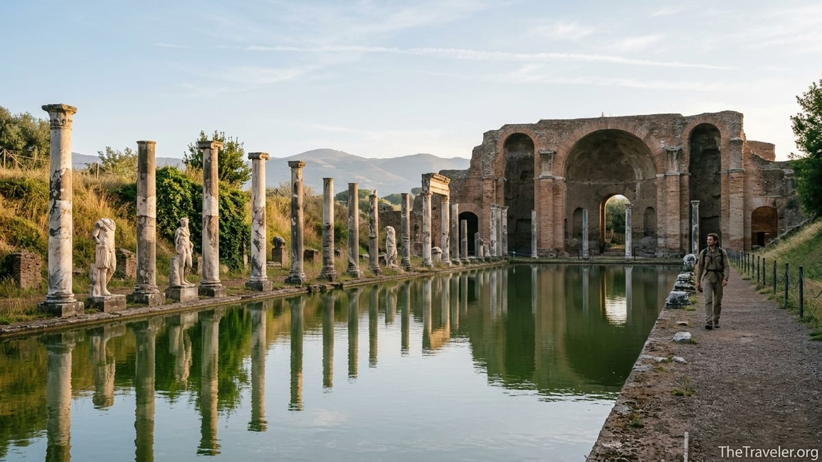 Early-morning view of the Canopus pool and Serapeum ruins at Hadrian’s Villa in Tivoli.