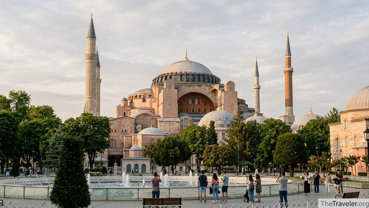 Hagia Sophia Grand Mosque at golden hour seen from Sultanahmet Park with visitors and fountains.