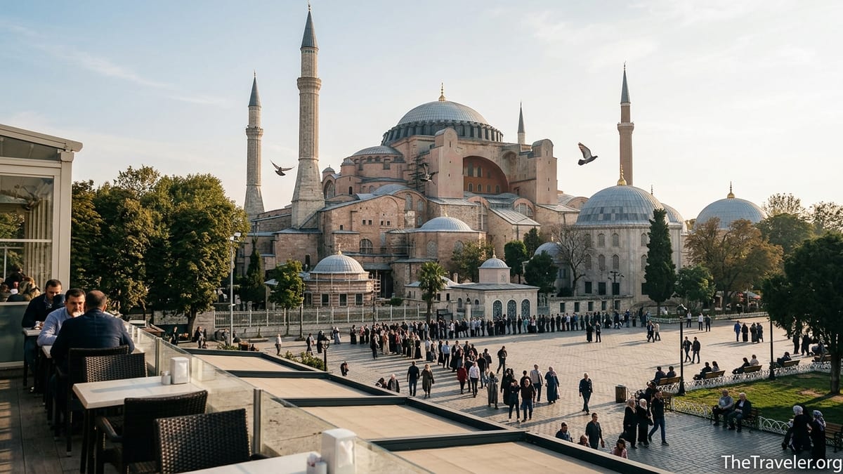 Late afternoon view of Istanbul’s Hagia Sophia with visitors in Sultanahmet Square.