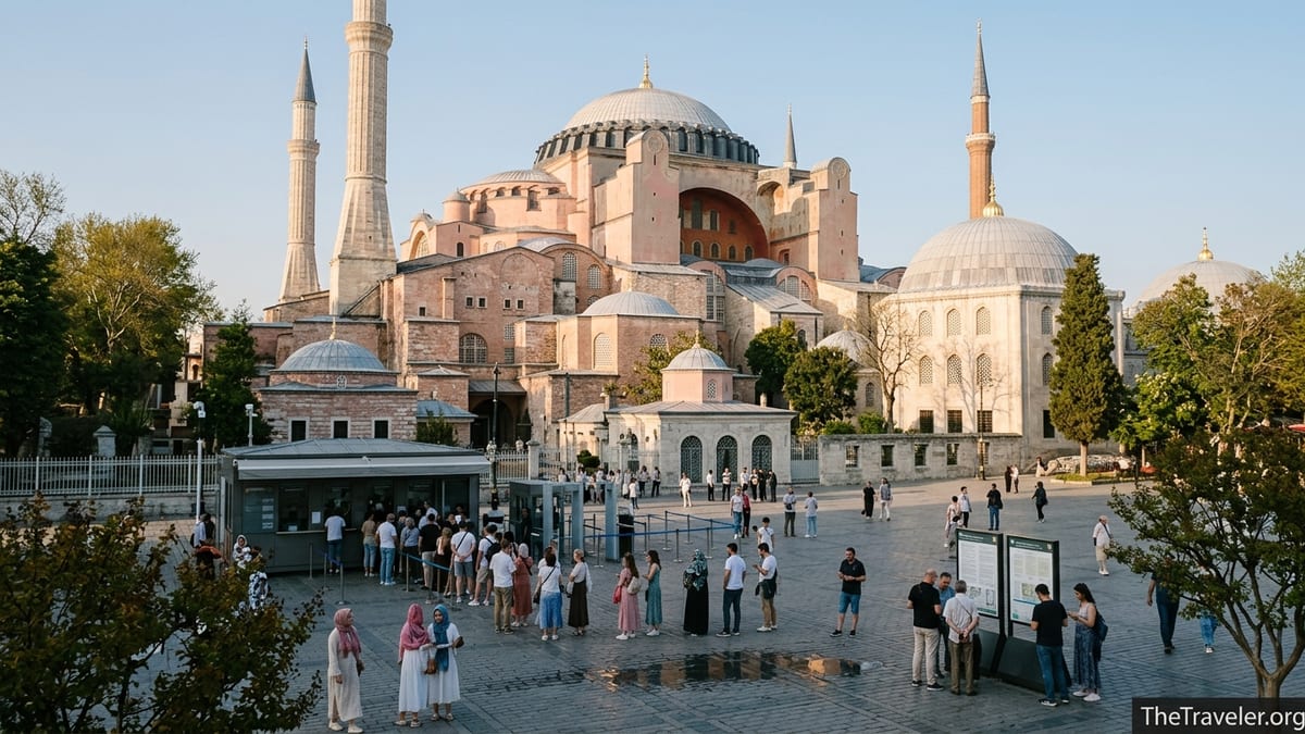 Visitors queuing at Hagia Sophia ticket entrance with dome and minarets at sunset in Istanbul.