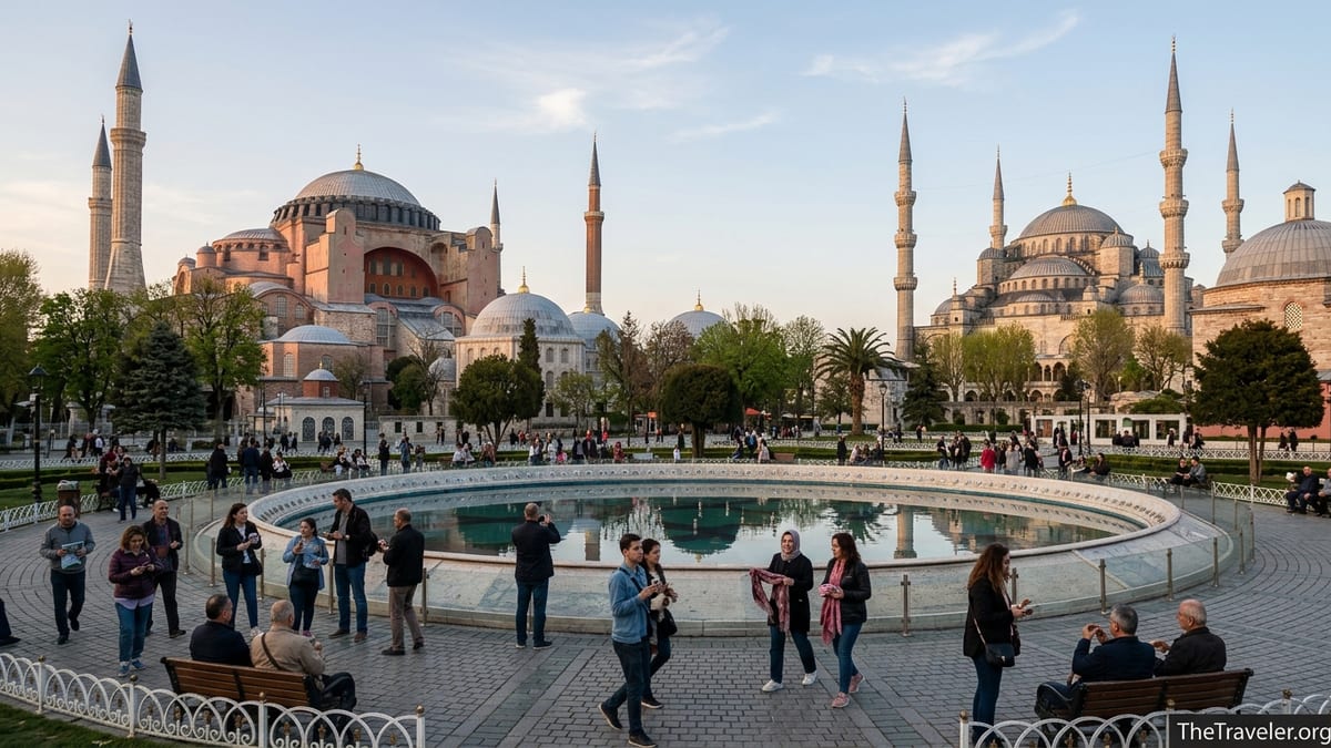 Hagia Sophia and the Blue Mosque facing each other across Sultanahmet Square at golden hour.