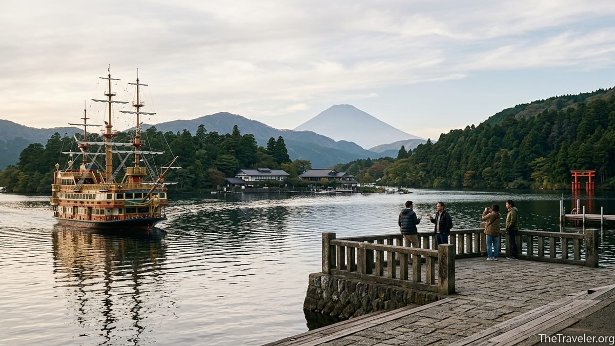 View of Lake Ashi in Hakone with sightseeing boat and distant Mount Fuji under soft afternoon light.