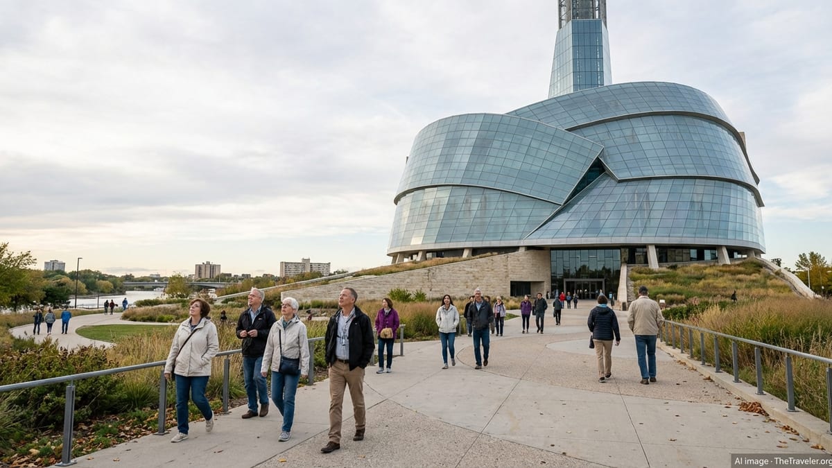 Visitors approaching the Canadian Museum for Human Rights in Winnipeg on an overcast afternoon.
