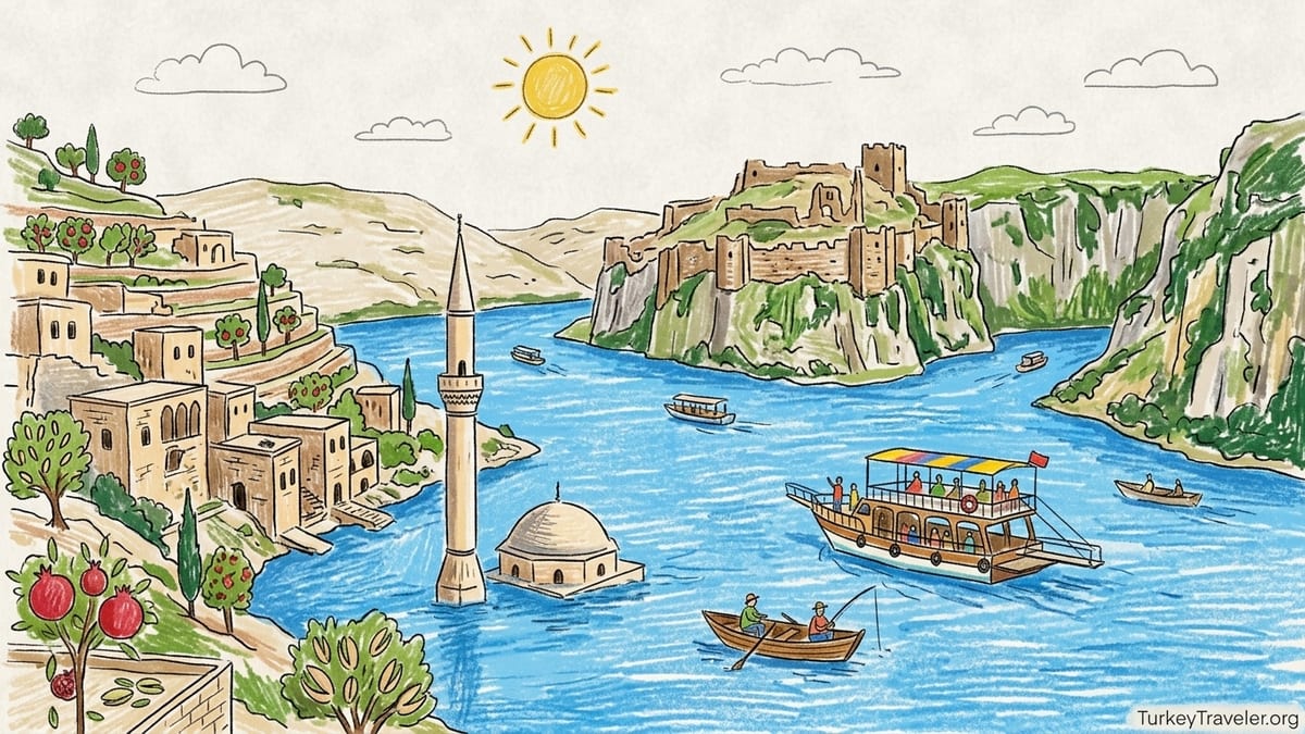 Boat cruising past the sunken minaret and stone houses of Halfeti on the Euphrates River at sunrise.