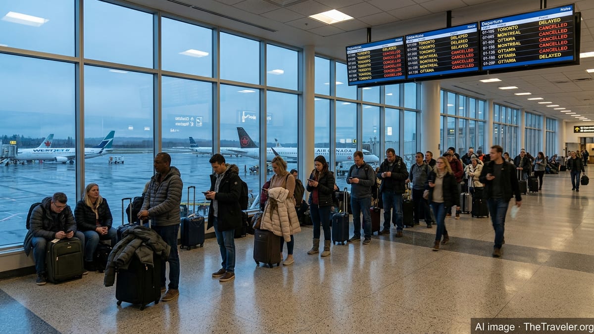 Passengers queue at Halifax airport as departure boards show multiple delays and cancellations.