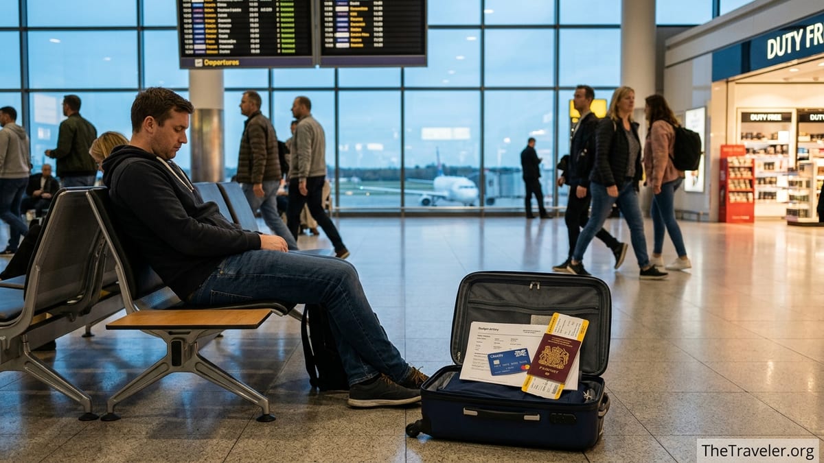 Traveler at an airport bench with suitcase, British passport and credit card ready for an overseas trip.