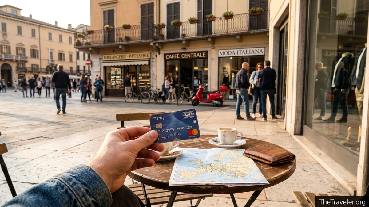 Hand holding a Halifax Clarity card at an outdoor European café table in warm evening light.
