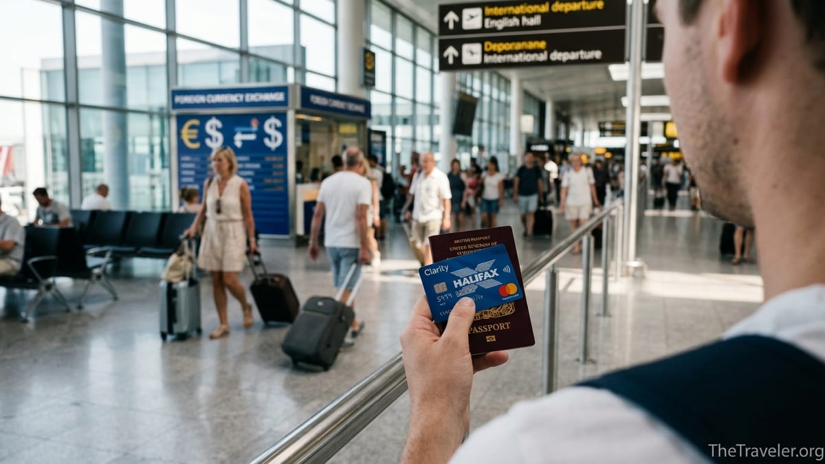 Traveller holding a Halifax credit card and passport in a busy European airport departure hall.