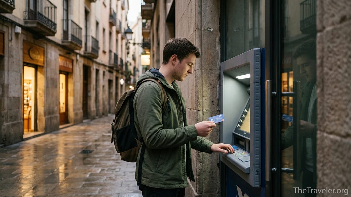 Traveller using a credit card at a European ATM on a wet evening street