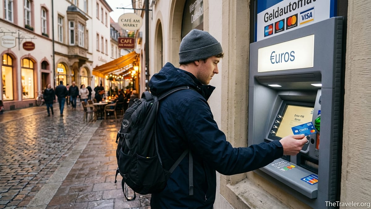 Traveller using a Halifax Clarity credit card at an ATM on a European city street