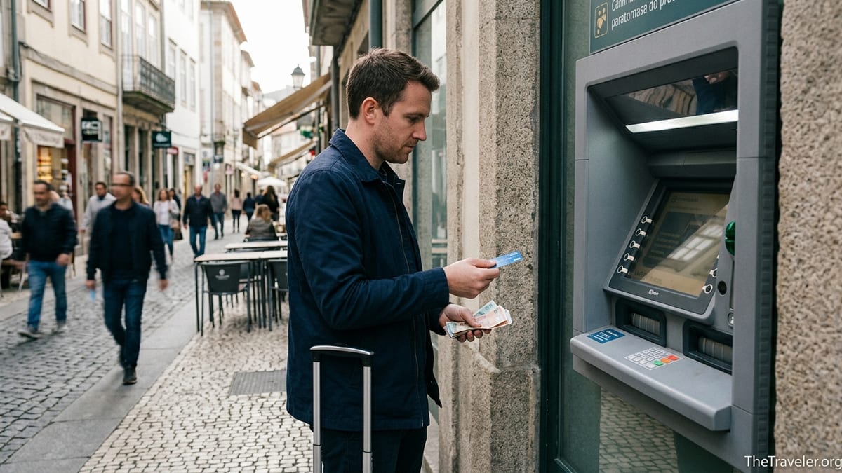 Traveller using a credit card at an overseas ATM on a European street