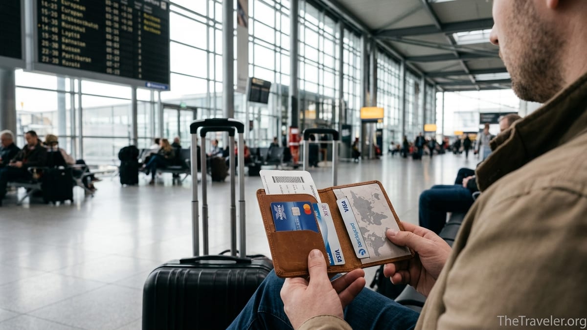 Traveller holding Halifax and Barclaycard credit cards in an airport departure lounge.