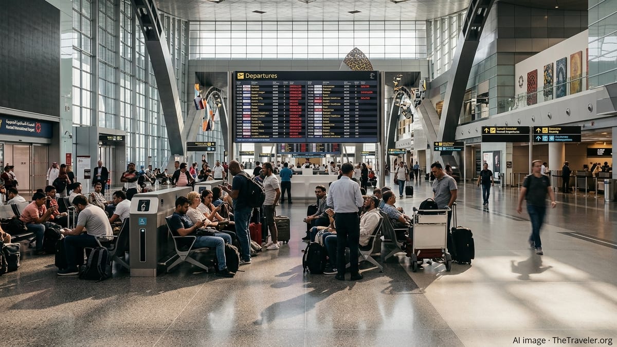 Passengers watch cancellation notices on departure boards at Hamad International Airport.
