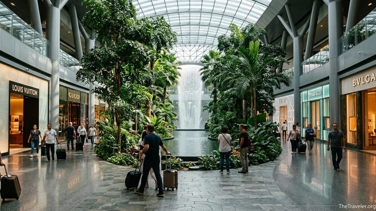 Travelers walking past luxury boutiques and tropical trees in The Orchard at Doha Hamad International Airport