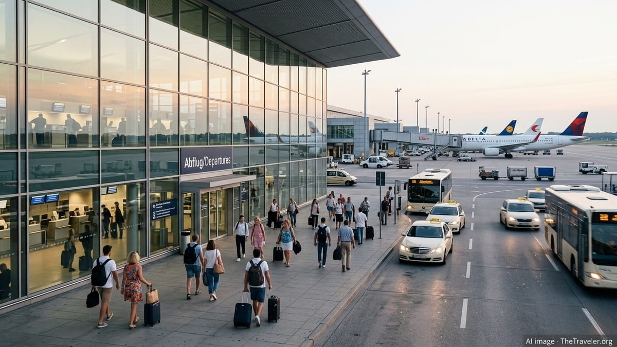 Travelers outside Hamburg Airport terminal at sunrise with aircraft in the background.