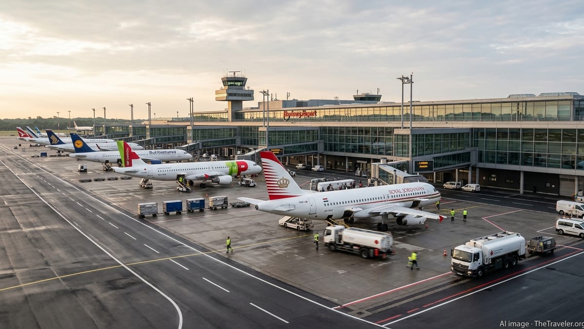 Apron view at Hamburg Airport with multiple jets, including a Royal Jordanian aircraft, being prepared on a bright summer 202