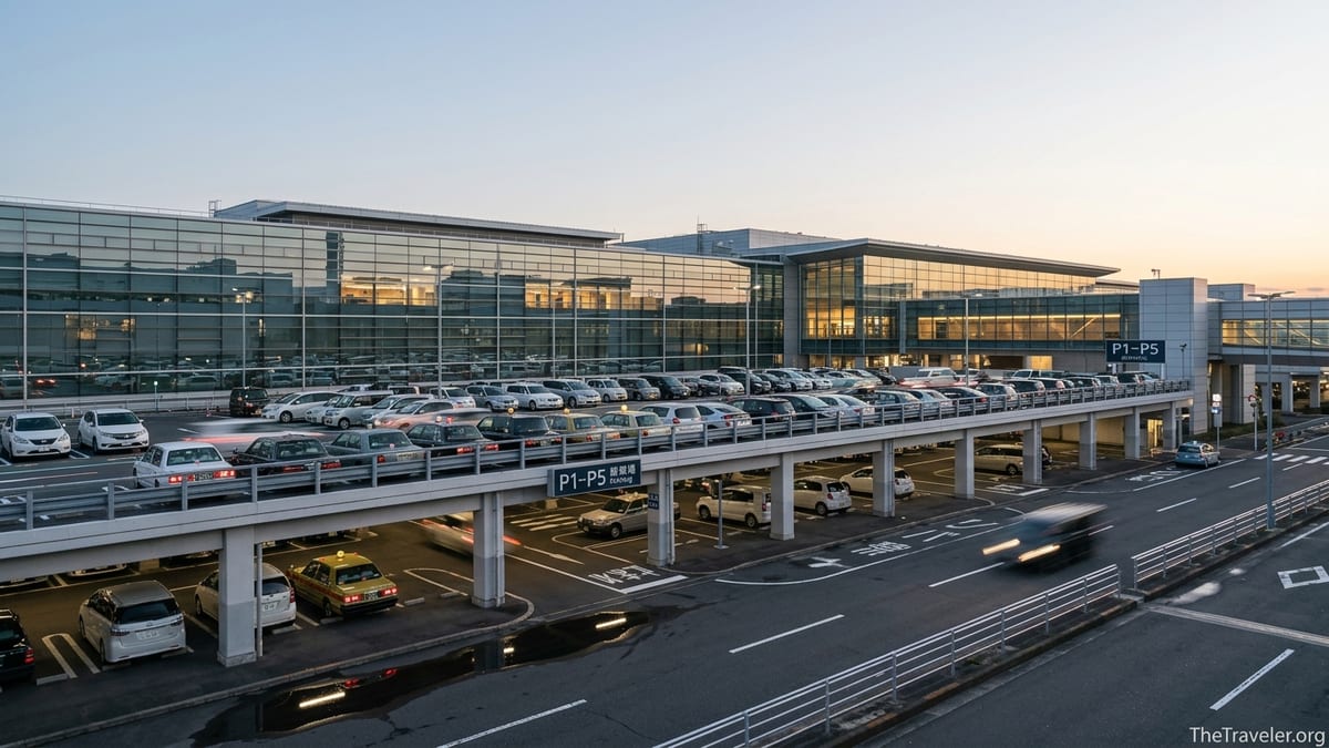 Early morning view of Haneda Airport Terminal 3 with the P5 parking garage filled with cars.