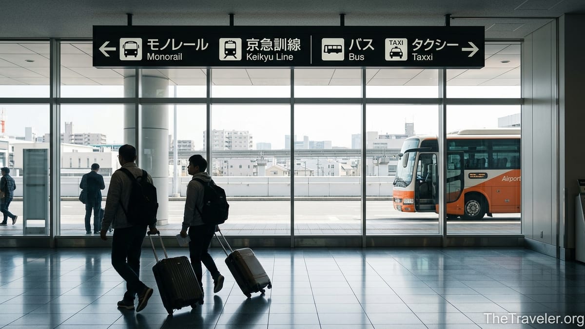 Travelers inside Haneda Airport following signs to trains, buses and taxis into Tokyo.