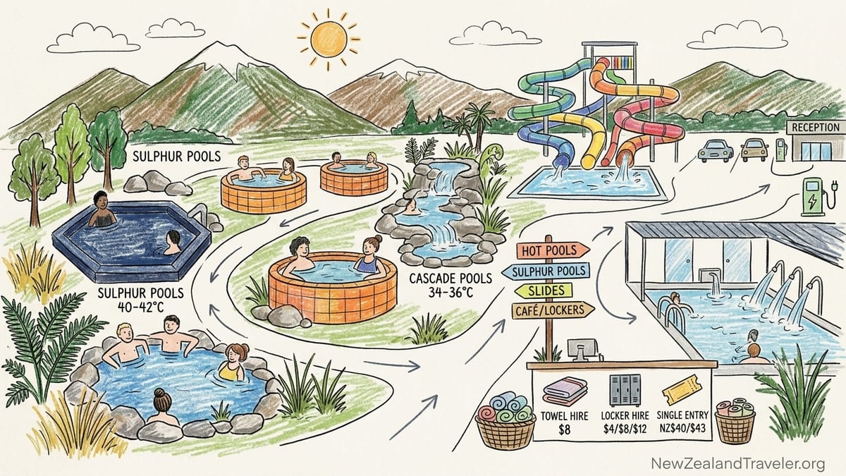 Steam rises from outdoor thermal pools at Hanmer Springs as visitors soak on a cool afternoon.