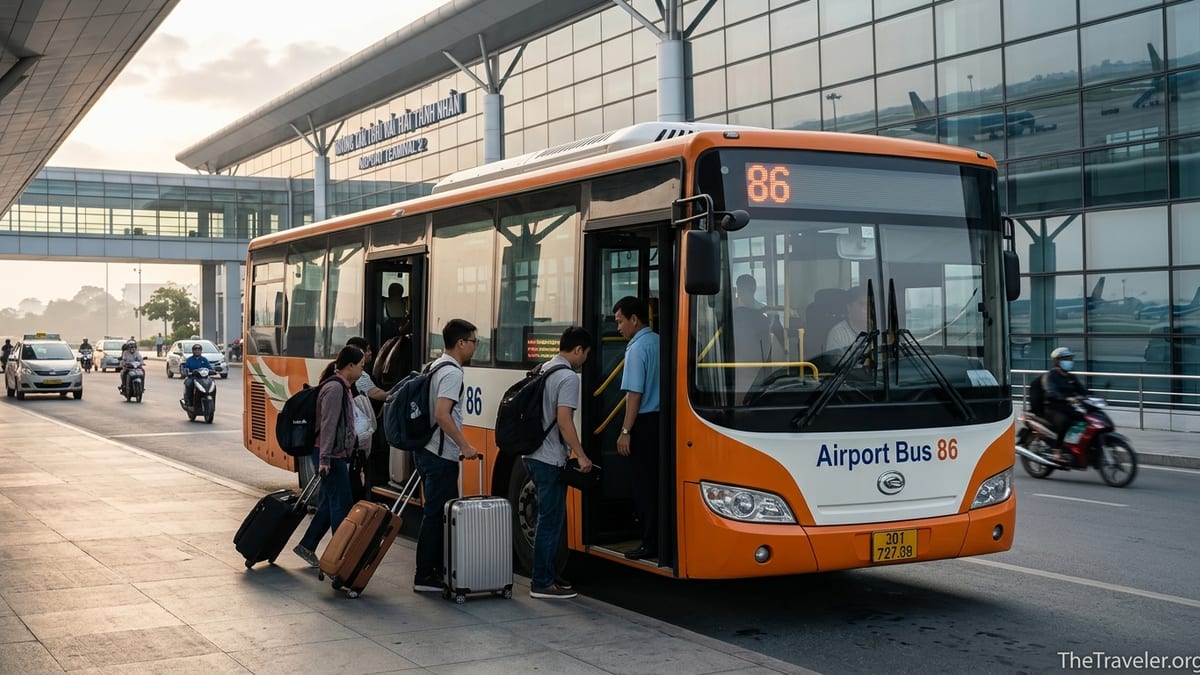 Travelers boarding Hanoi Airport Bus 86 outside Noi Bai International Airport terminal in early morning light.