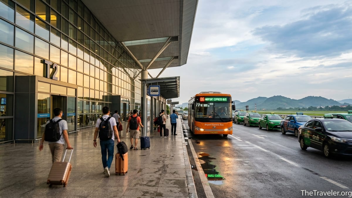 Arrivals area of Hanoi Noi Bai Airport with Bus 86, taxis and travelers at dusk