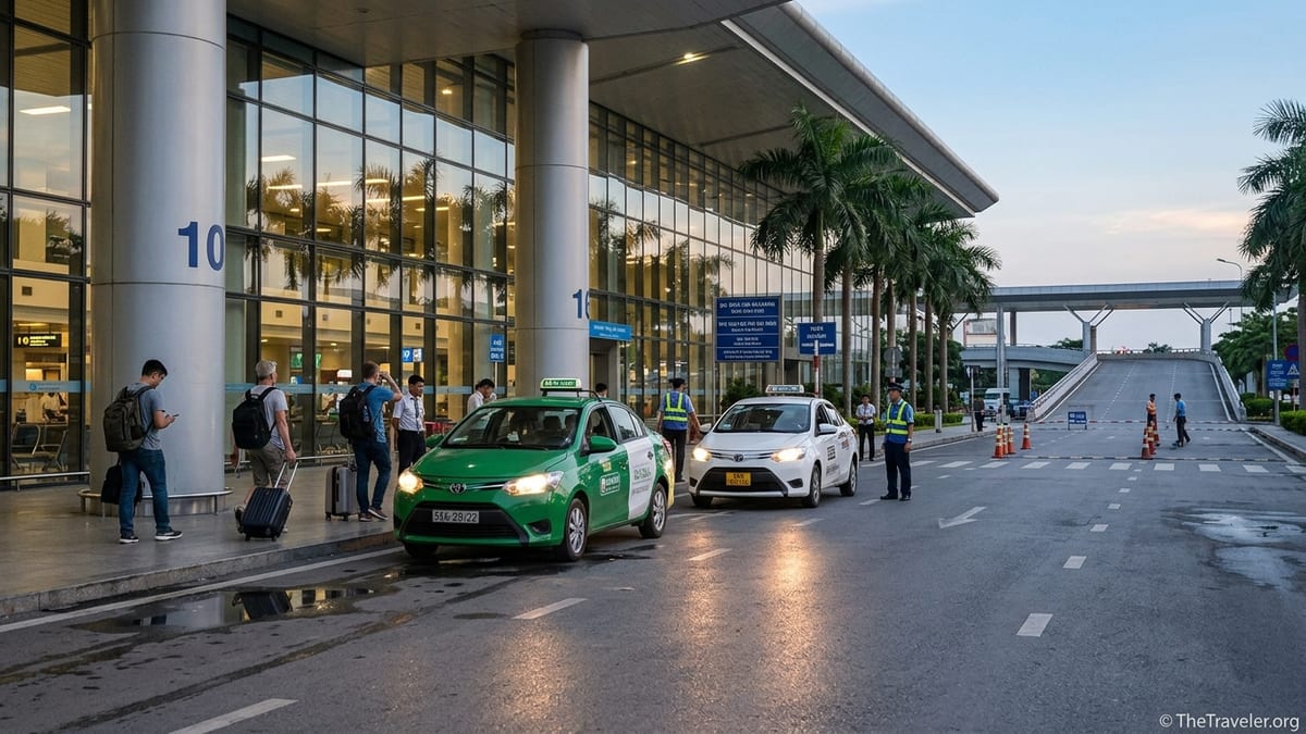 Official taxis waiting outside Hanoi Noi Bai Airport Terminal 2 arrivals at dusk.