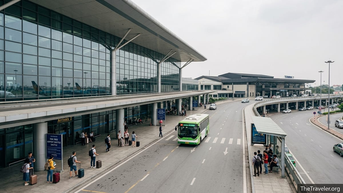Passengers waiting for the free shuttle bus between Hanoi Noi Bai Airport terminals T2 and T1.