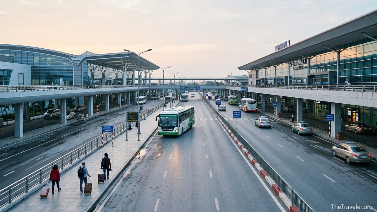 Early morning view of Hanoi Noi Bai Airport with shuttle bus between Terminal 1 and Terminal 2.