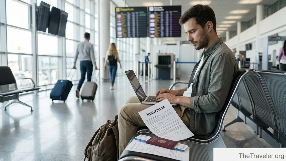 Traveler reviewing printed travel insurance documents on a laptop in a bright airport terminal.