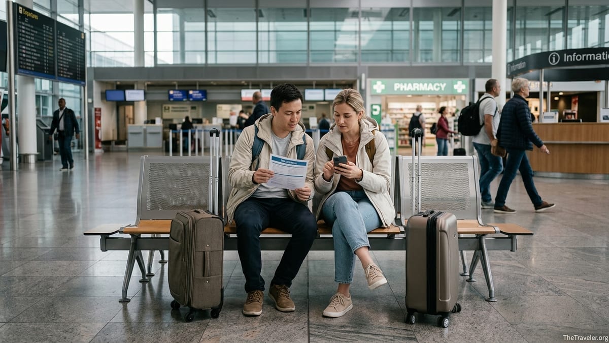 Travelers at a European airport reviewing their travel insurance documents before departure.