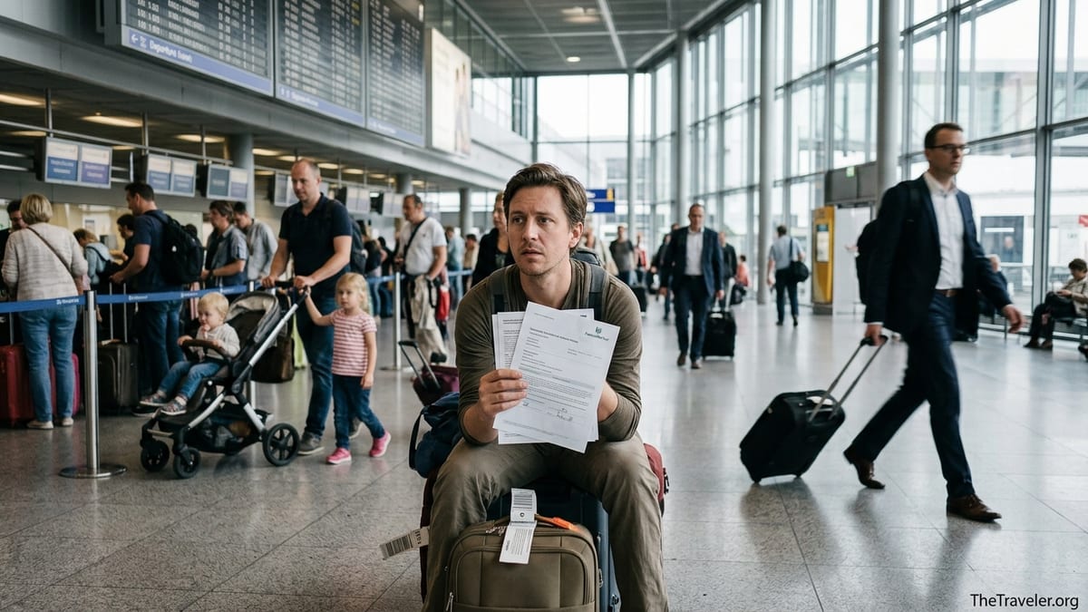 Traveler checking HanseMerkur insurance papers in a busy European airport terminal.