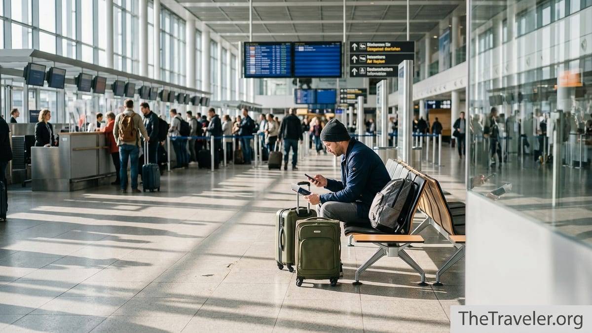 Traveler at a European airport checking travel insurance on phone before departure.