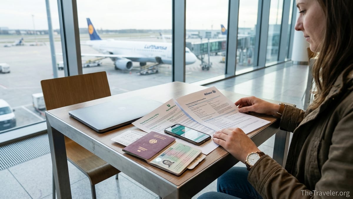 Traveler comparing HanseMerkur and Allianz travel insurance documents in an airport lounge.