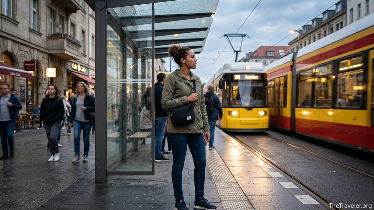 Solo woman traveler on an evening tram platform standing alert yet confident among a blurred crowd.
