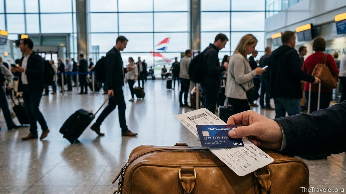 Traveler holding a British Airways credit card and boarding pass in Heathrow Terminal 5.