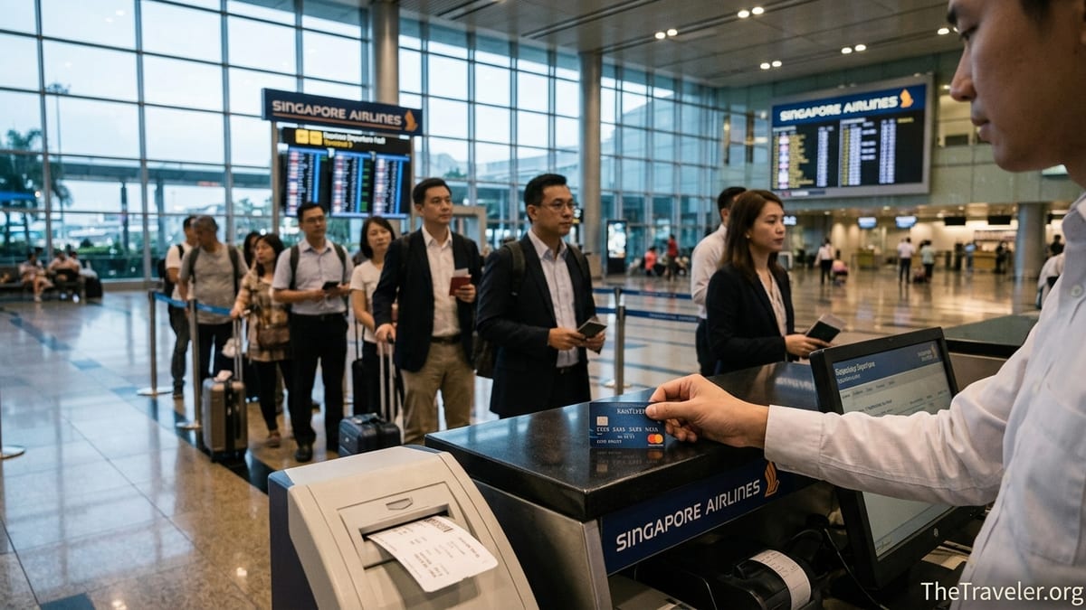 Traveler using a KrisFlyer credit card at Singapore Airlines check-in in Changi Airport.
