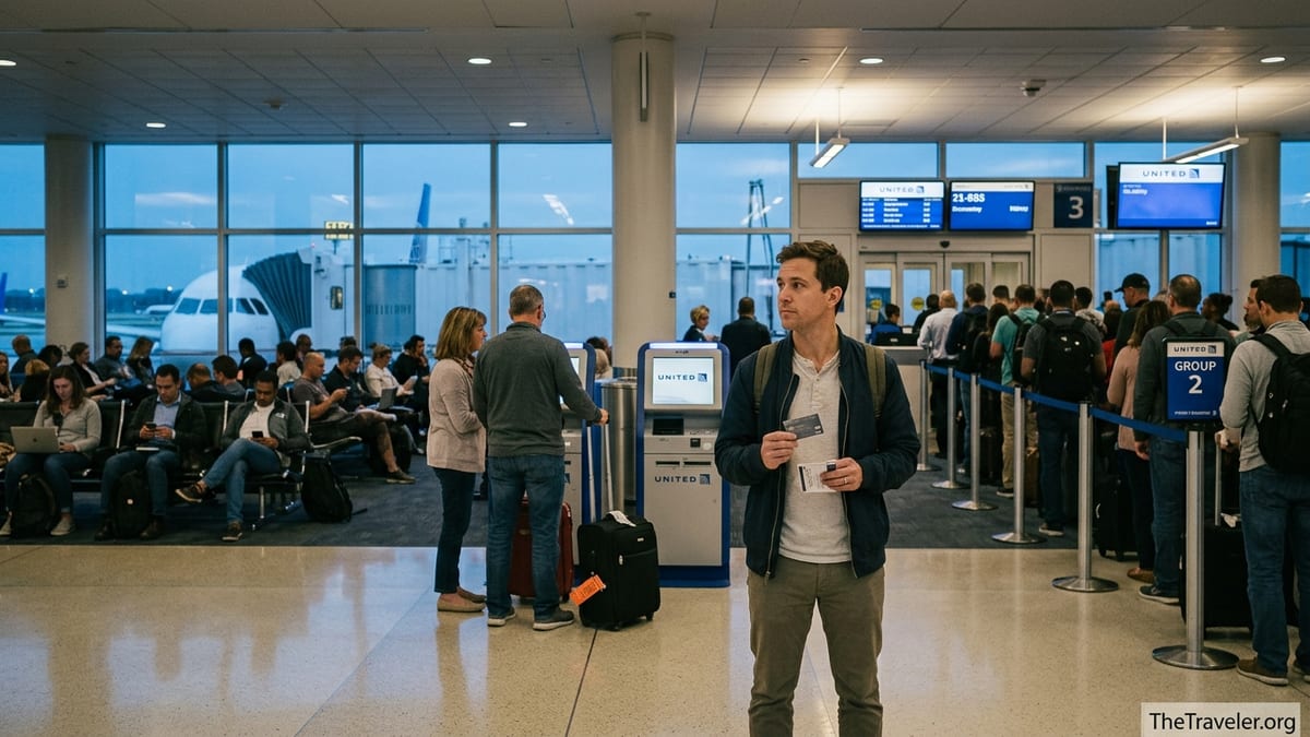 Traveler holding a credit card at a United boarding gate, eyeing the priority line and baggage drop.
