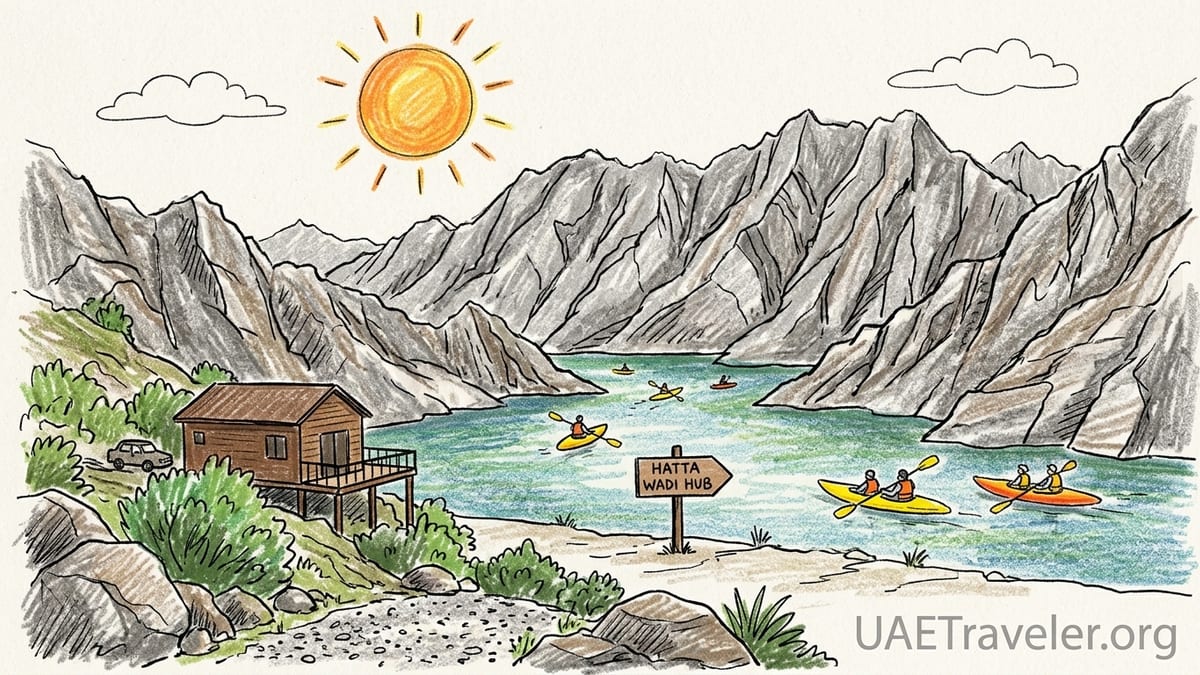 Kayakers paddling on Hatta Dam surrounded by rugged Hajar Mountains near Dubai.