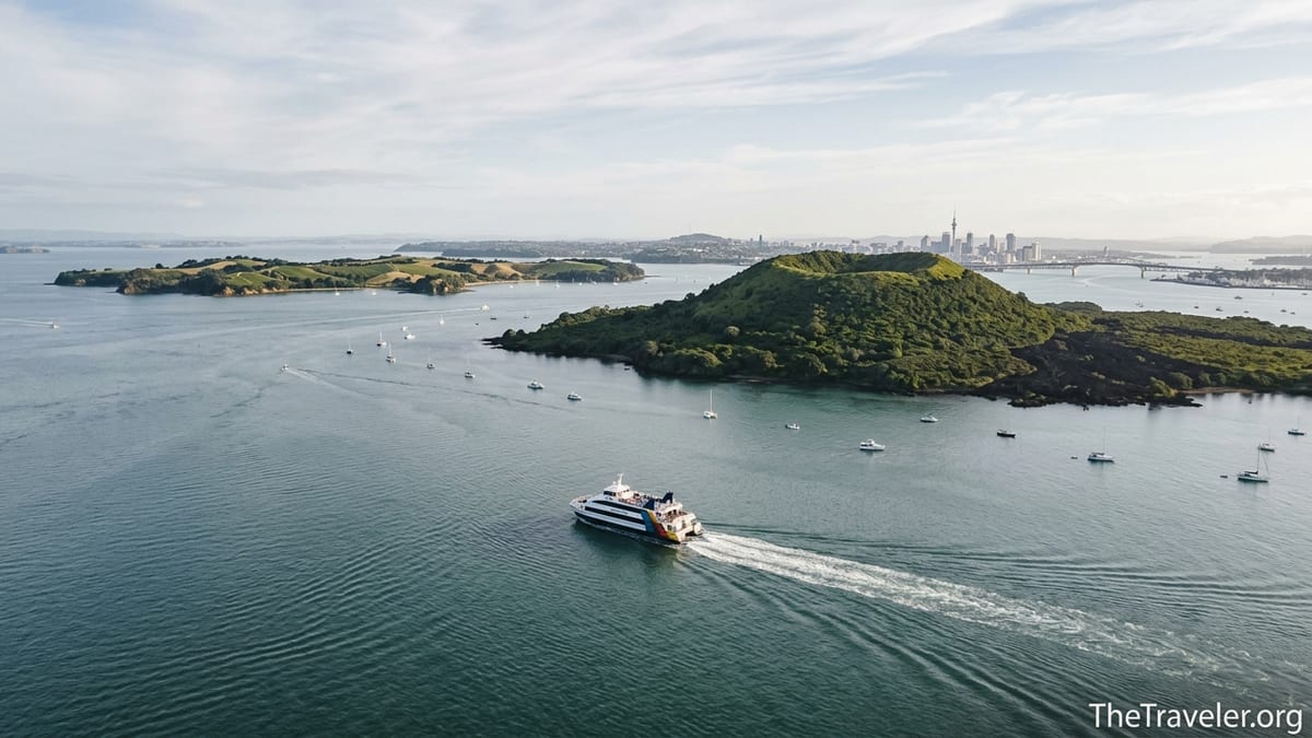 Ferry leaving Auckland for green Hauraki Gulf islands under soft afternoon light